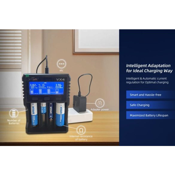 XTAR VX4 SET akkutöltő 4 db akkuhoz(Li-ion,Ni-Mh,Ni-Cd)+reaktiválás+230V adapter